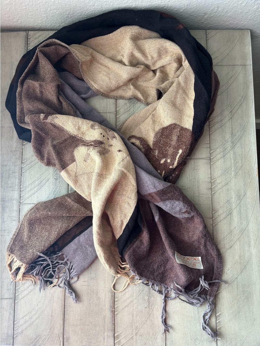 Pashmina silk blend Neutral Brown & Beige Lightweight Fringe Scarf